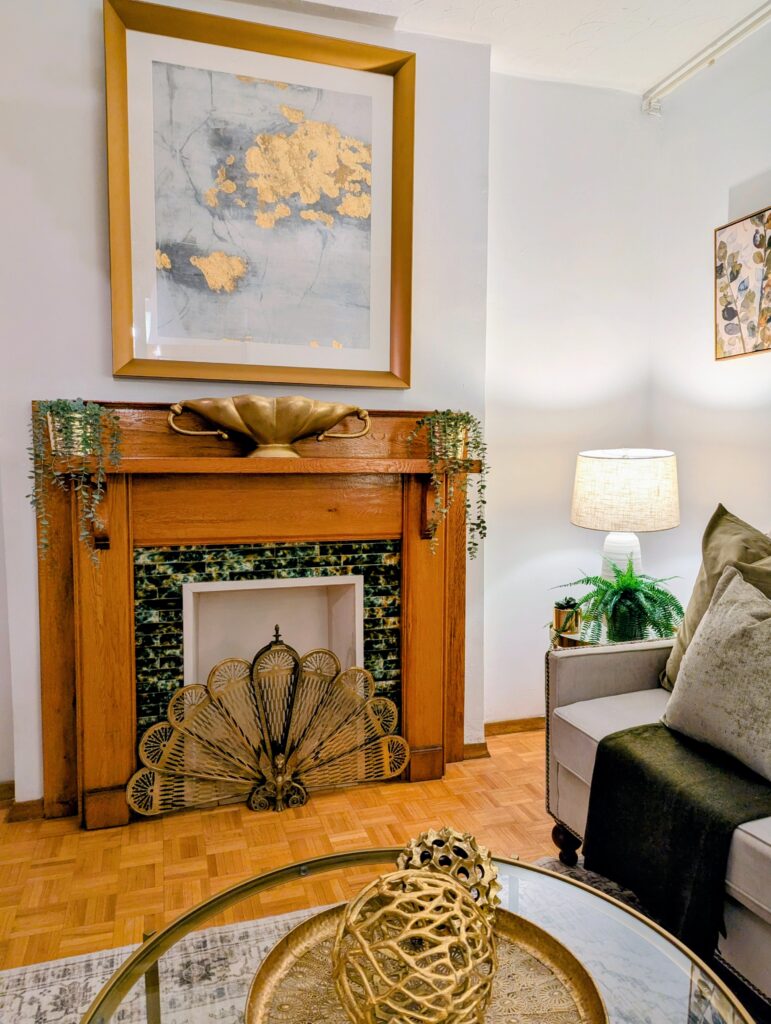 Viewing the fireplace screen in place.