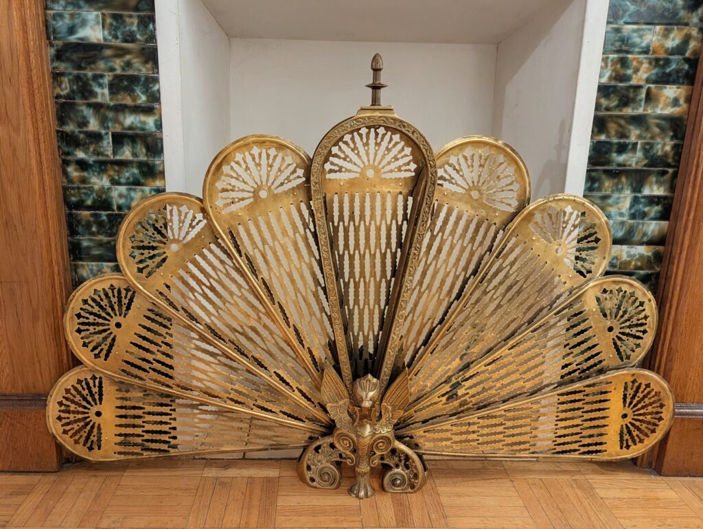 Polished Victorian peacock fireplace screen fan