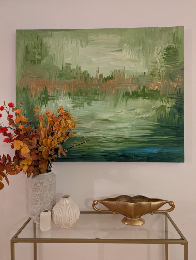 Green and gold toned artwork created by Sarah Skinner. horizontal