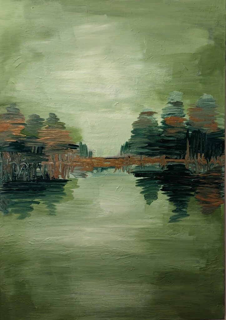 Green and gold toned artwork created by Sarah Skinner vertical