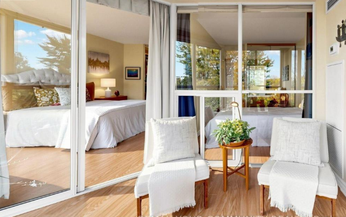 Balcony added lighting, plush welcoming accessories and streamlined decor.